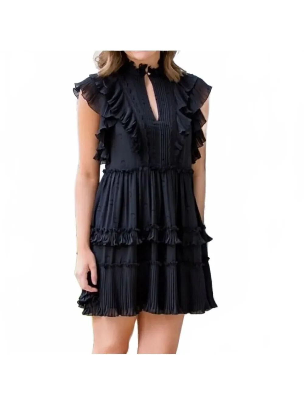 Kate Spade Bakery Dot Devore Dress Ruffle Silk Keyhole Neck Tiered Black Size 10